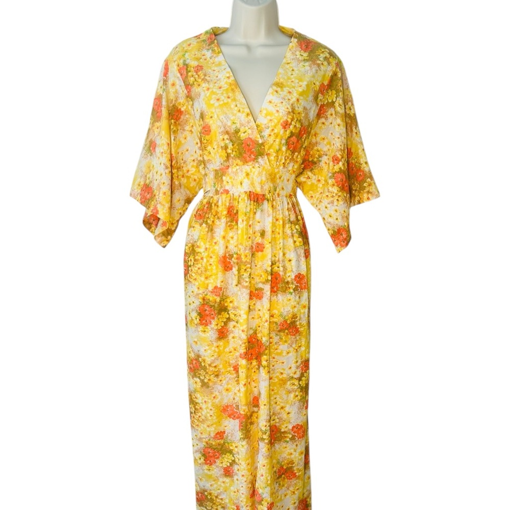 Authentic 70s Vintage Floral Dress Size M/L- Yellow and Orange